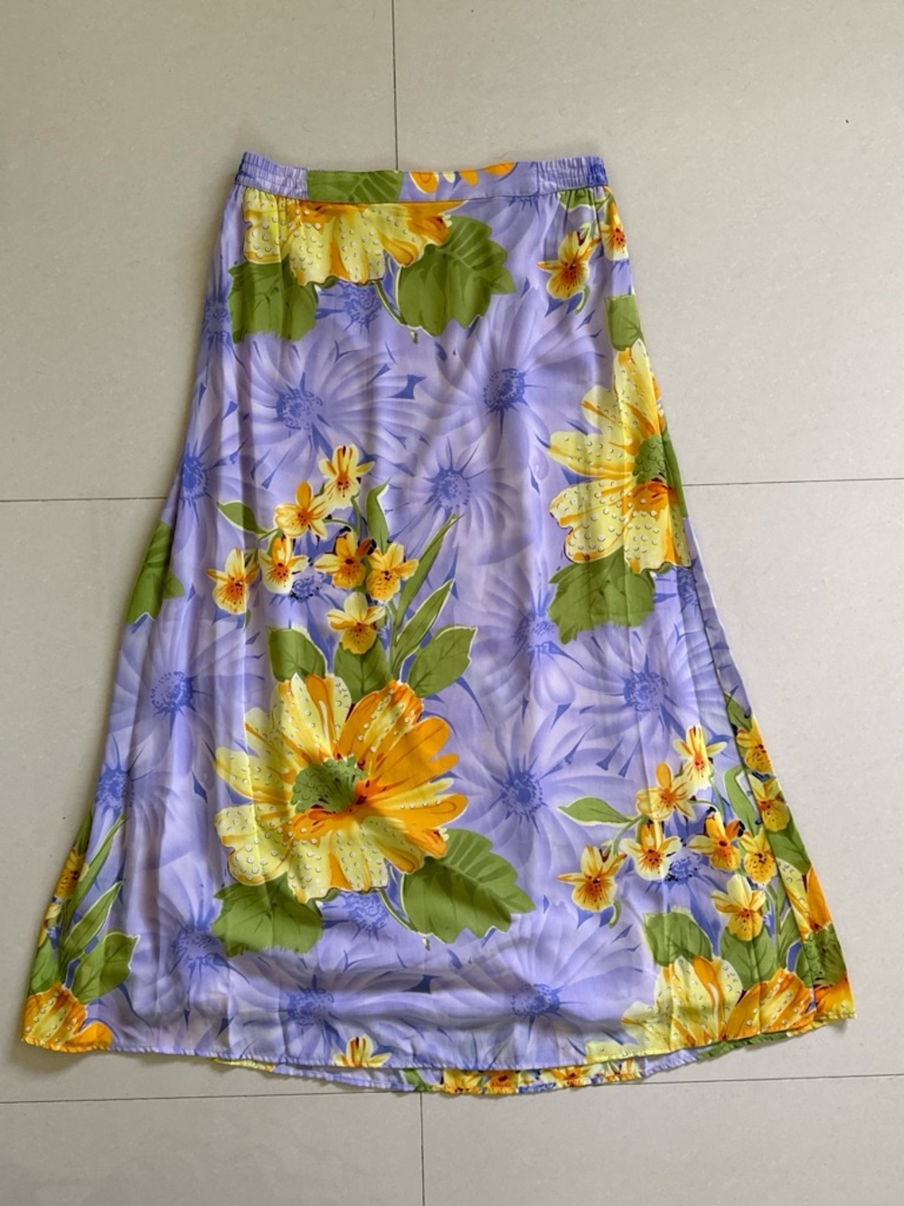 Vintage Millenium Lilac Floral A-Line Maxi Skirt with Yellow Bloom Accents